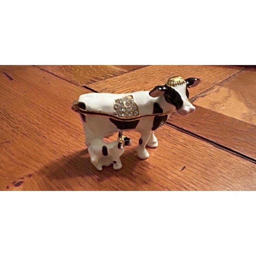Rhinestone Holstein Cow with Calf Trinket Jewelry Box Hinged Magnetic 2 inch